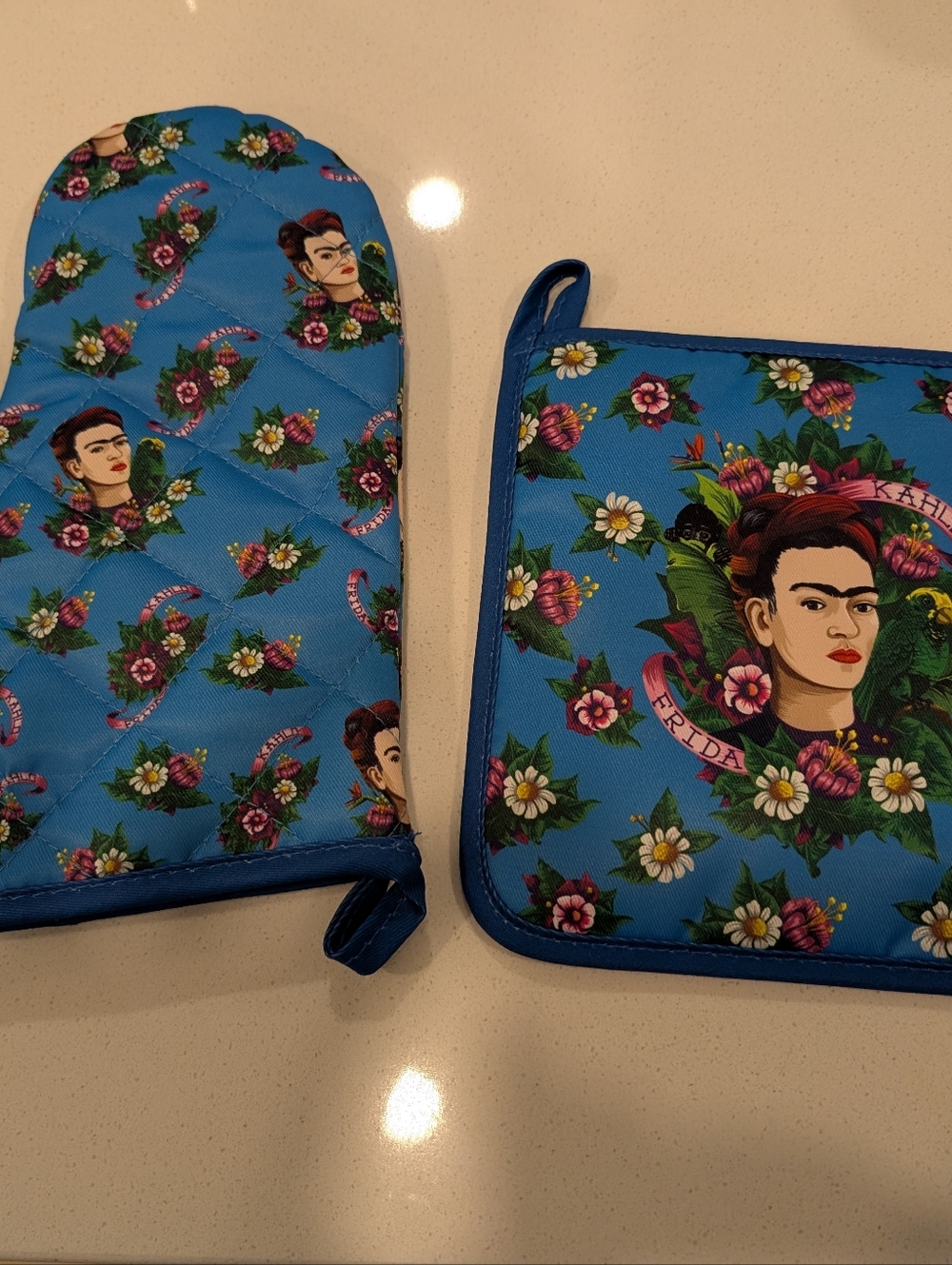 Frida Kahlo Bright Blue Floral Oven Mitt and Pot Holder Set
